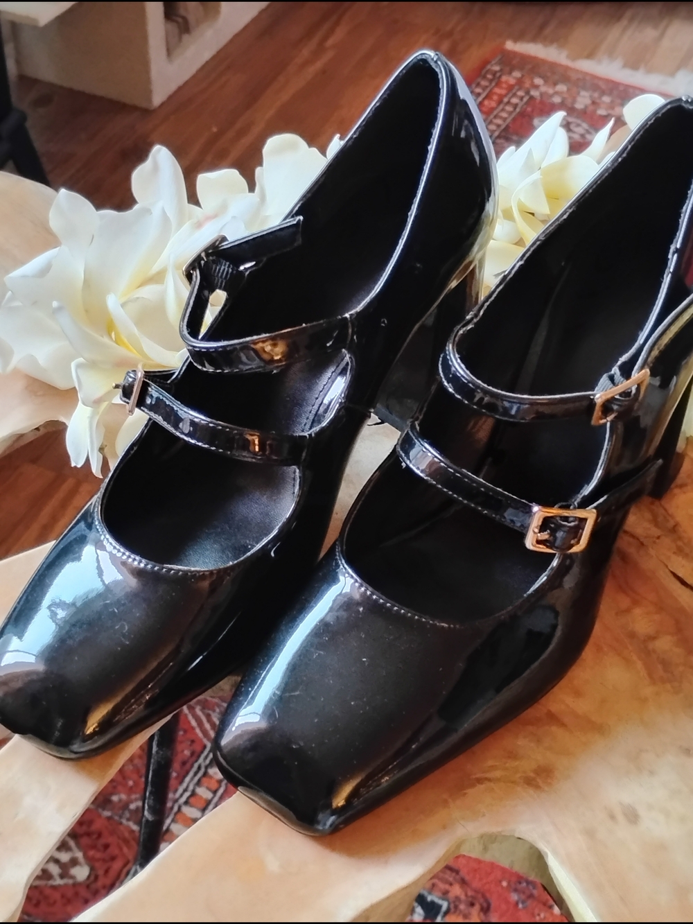 H&M Black Patent Double-Strap Mary Jane Block Heels